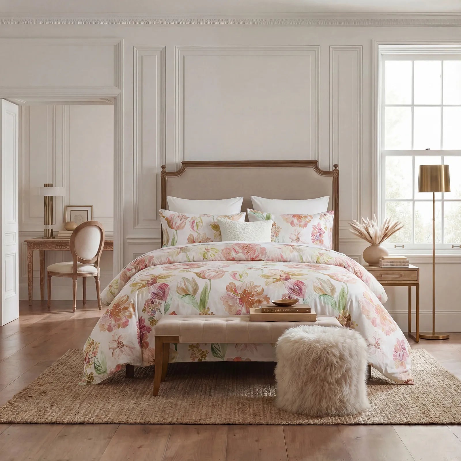 Front view of watercolor floral pattern bedding with matching pillows