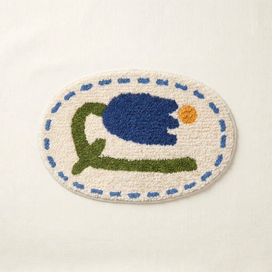 whimsy garden rug blue tulip flat lay product photo