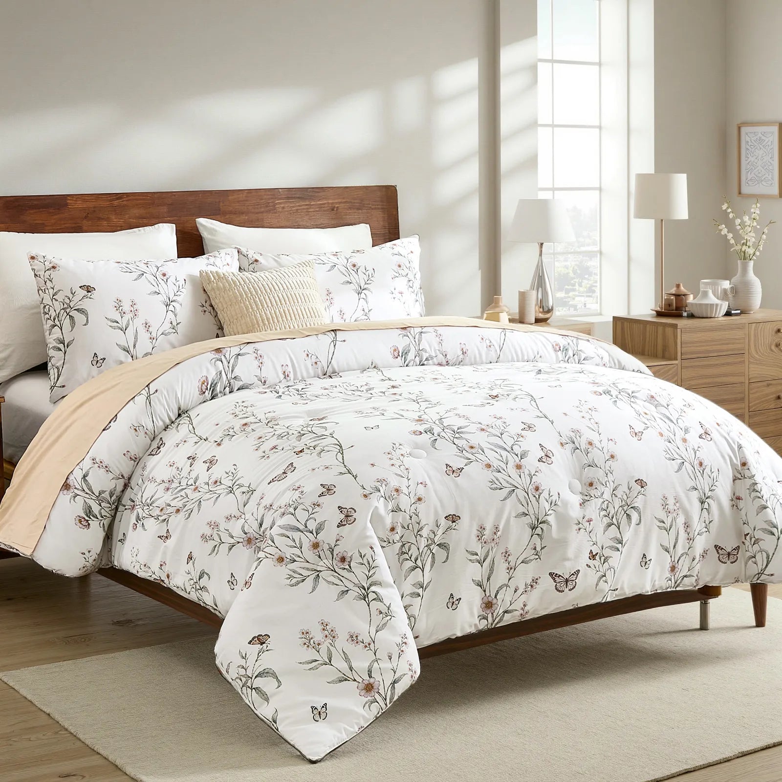 butterfly floral comforter in modern bedroom decor
