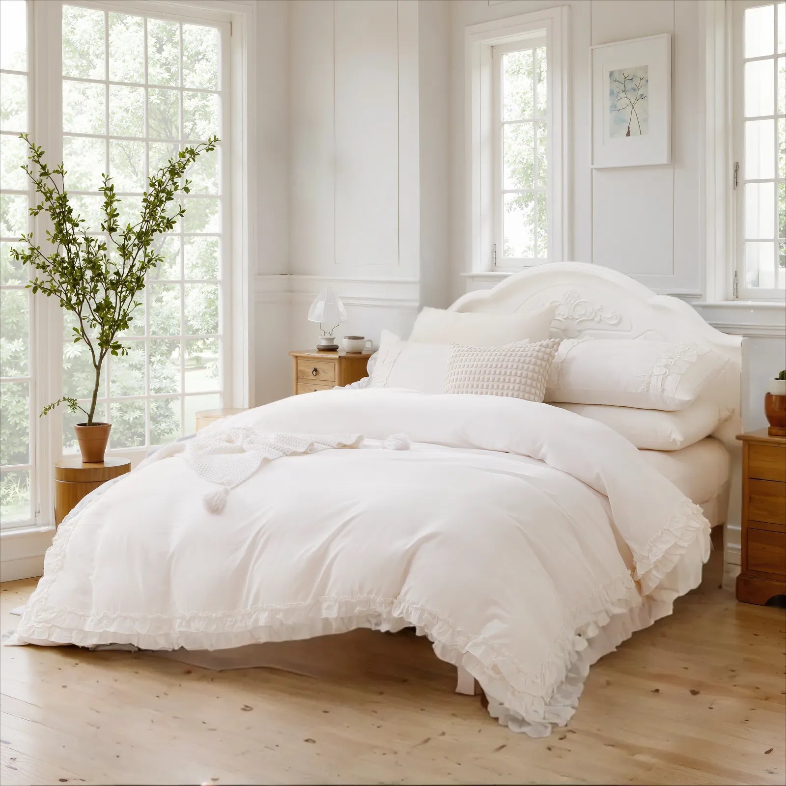 A bright bed with a layered white cotton ruffle duvet cover and pillows, flanked by nightstands with lamps.