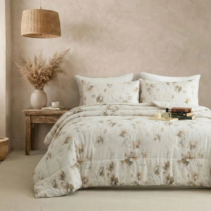 white linen floral bedding set