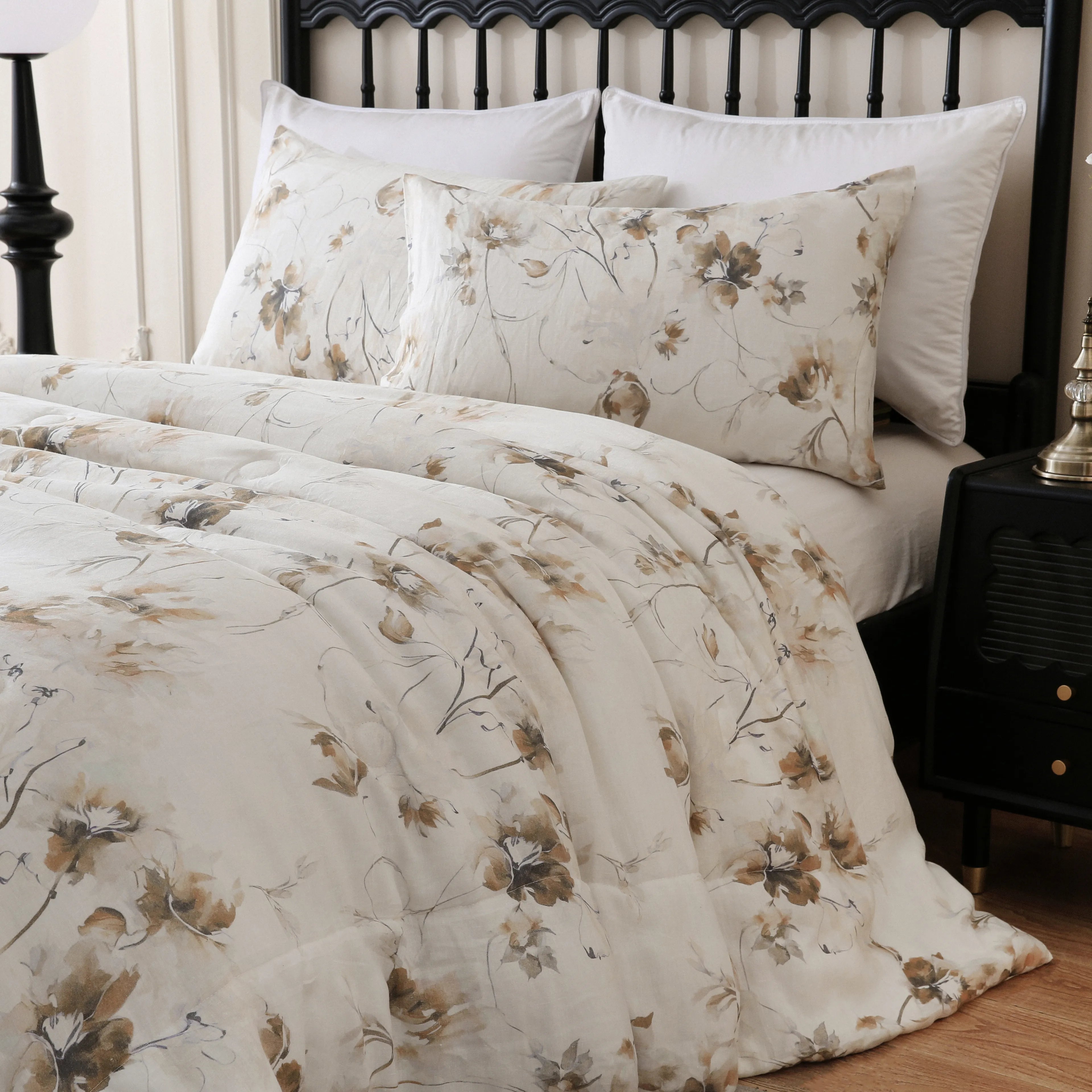 white linen floral bedding set