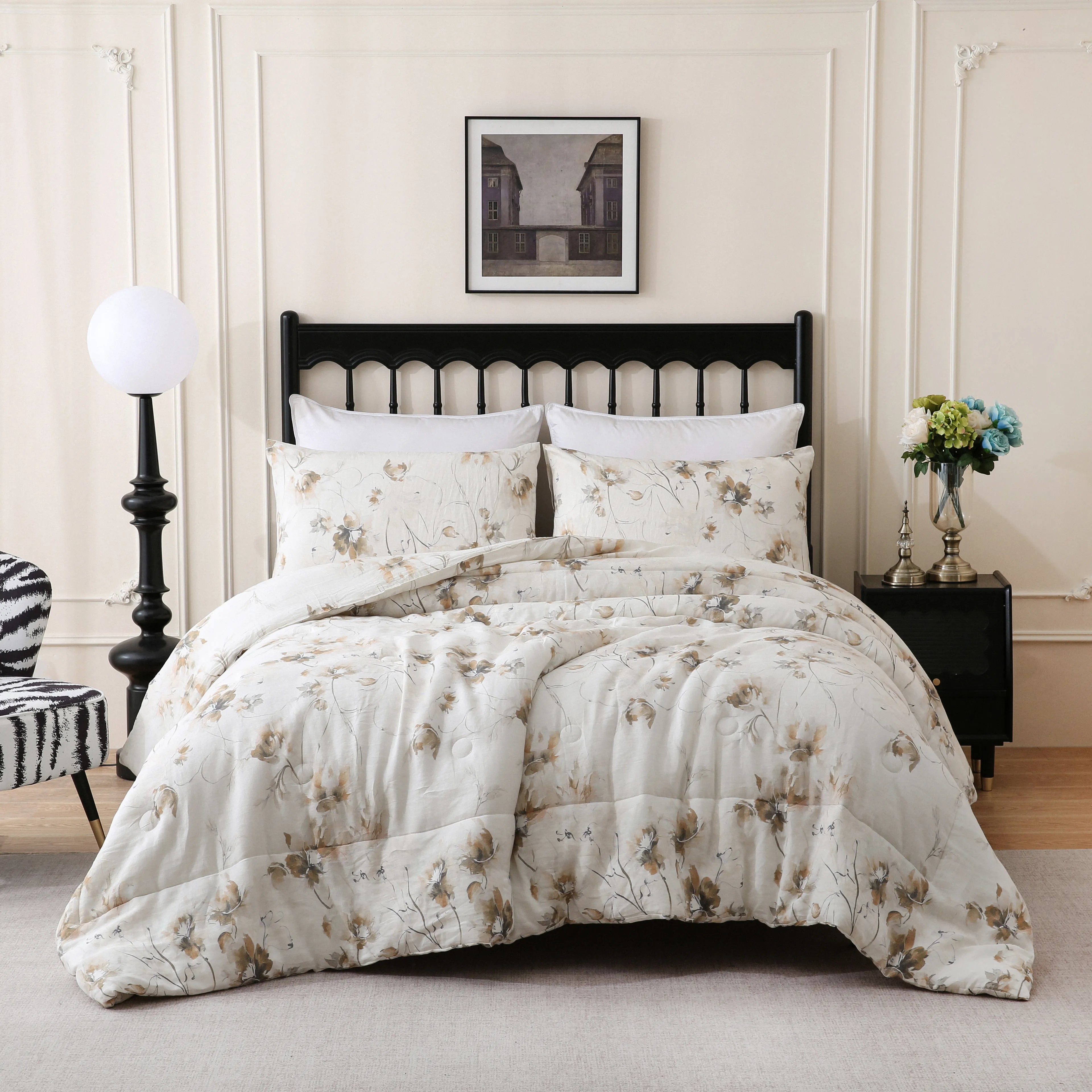 white linen floral comforter set