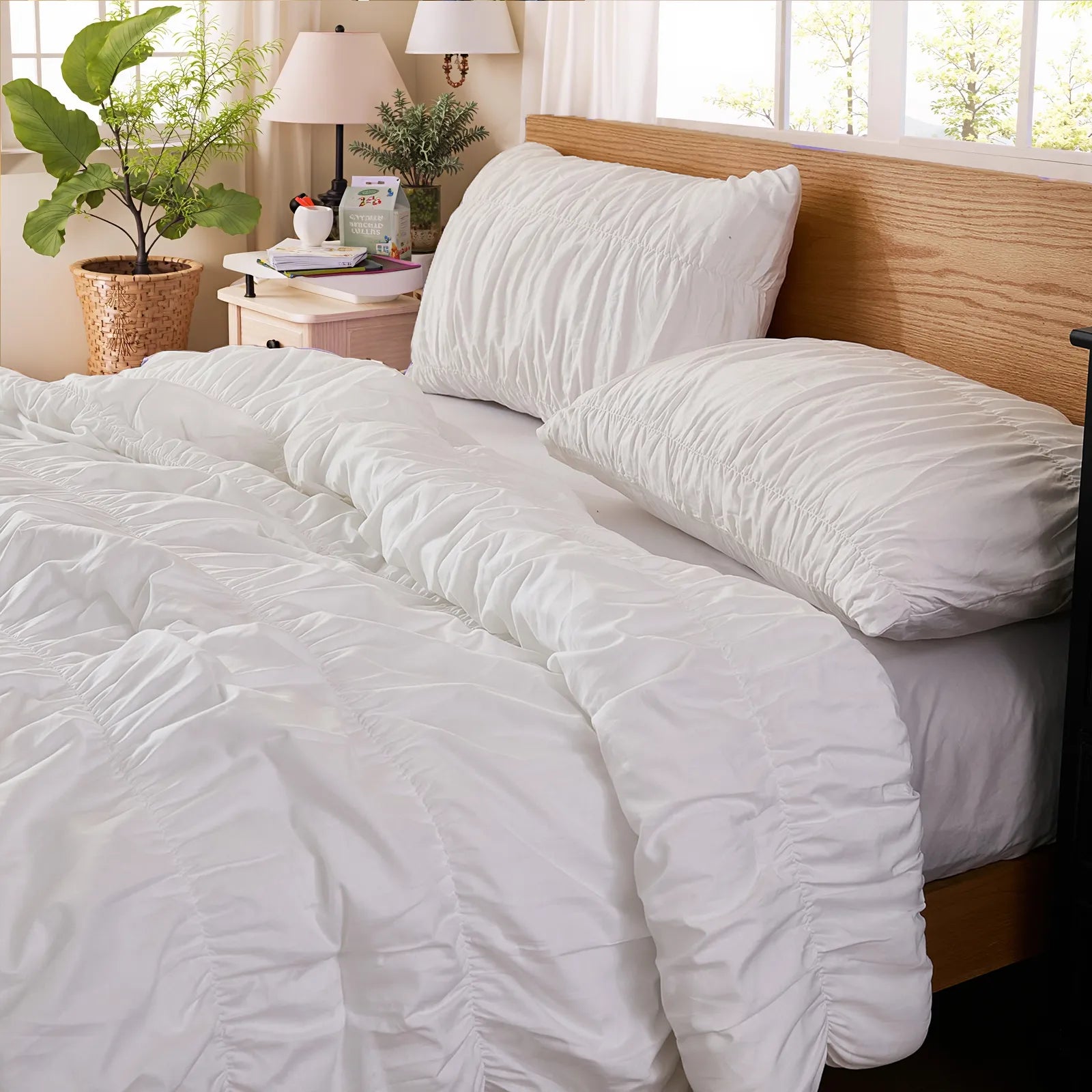White ruffle cotton comforter side angle view