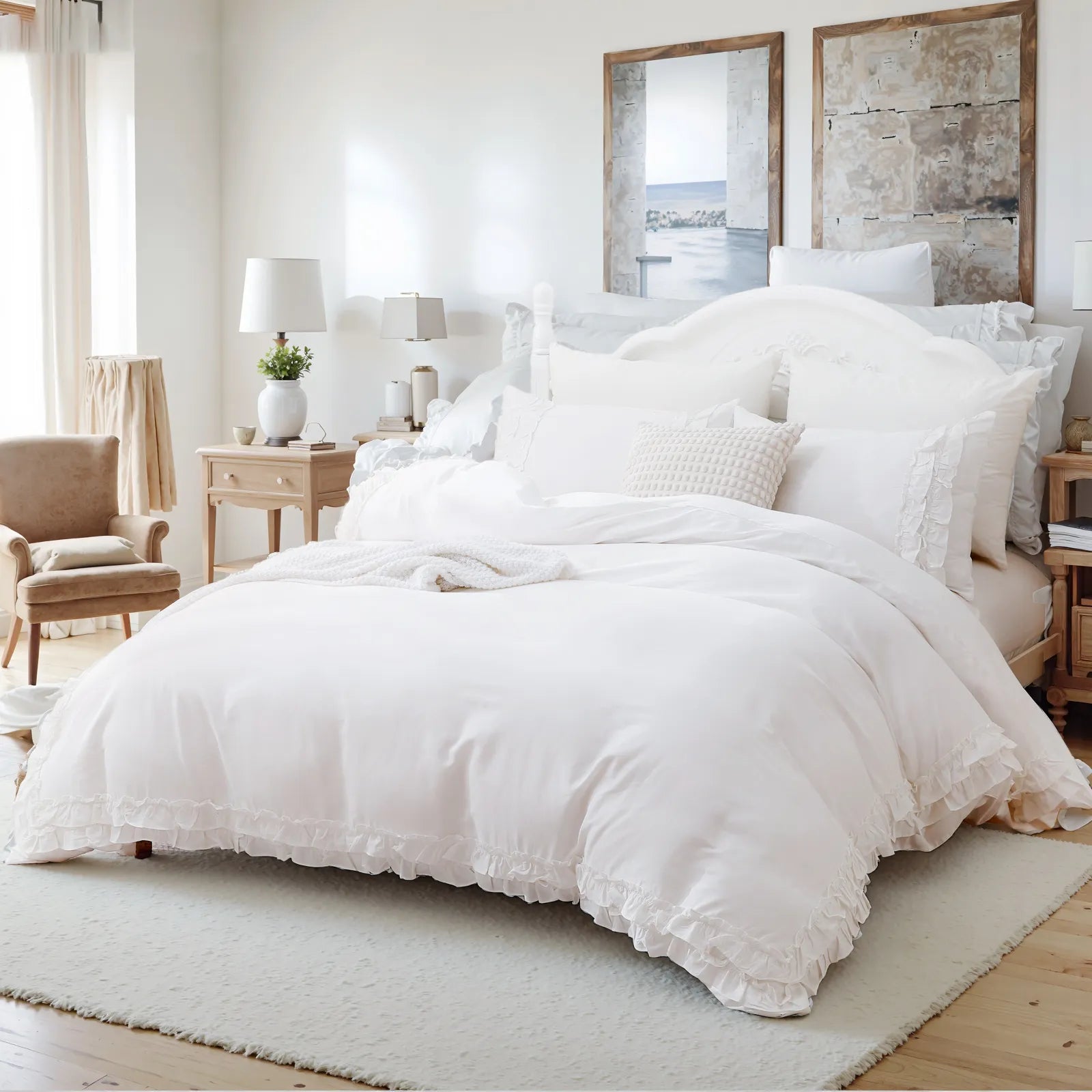 Full view of the white ruffled cotton comforter set on a bed