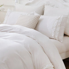 Side view of the ruffled comforter set, highlighting the texture and drape