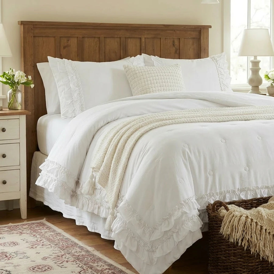white ruffled quilt set shabby chic farmhouse bedroom decor