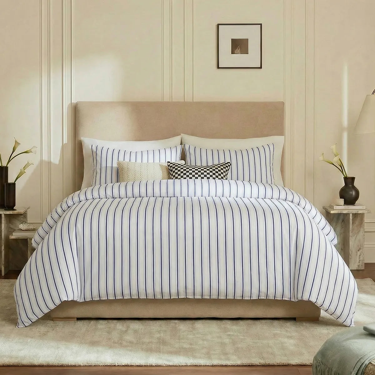 Full front view of white blue striped bedding set