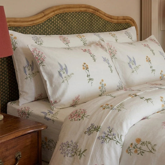 wildflower botanical pillowcases fitted sheet rattan headboard