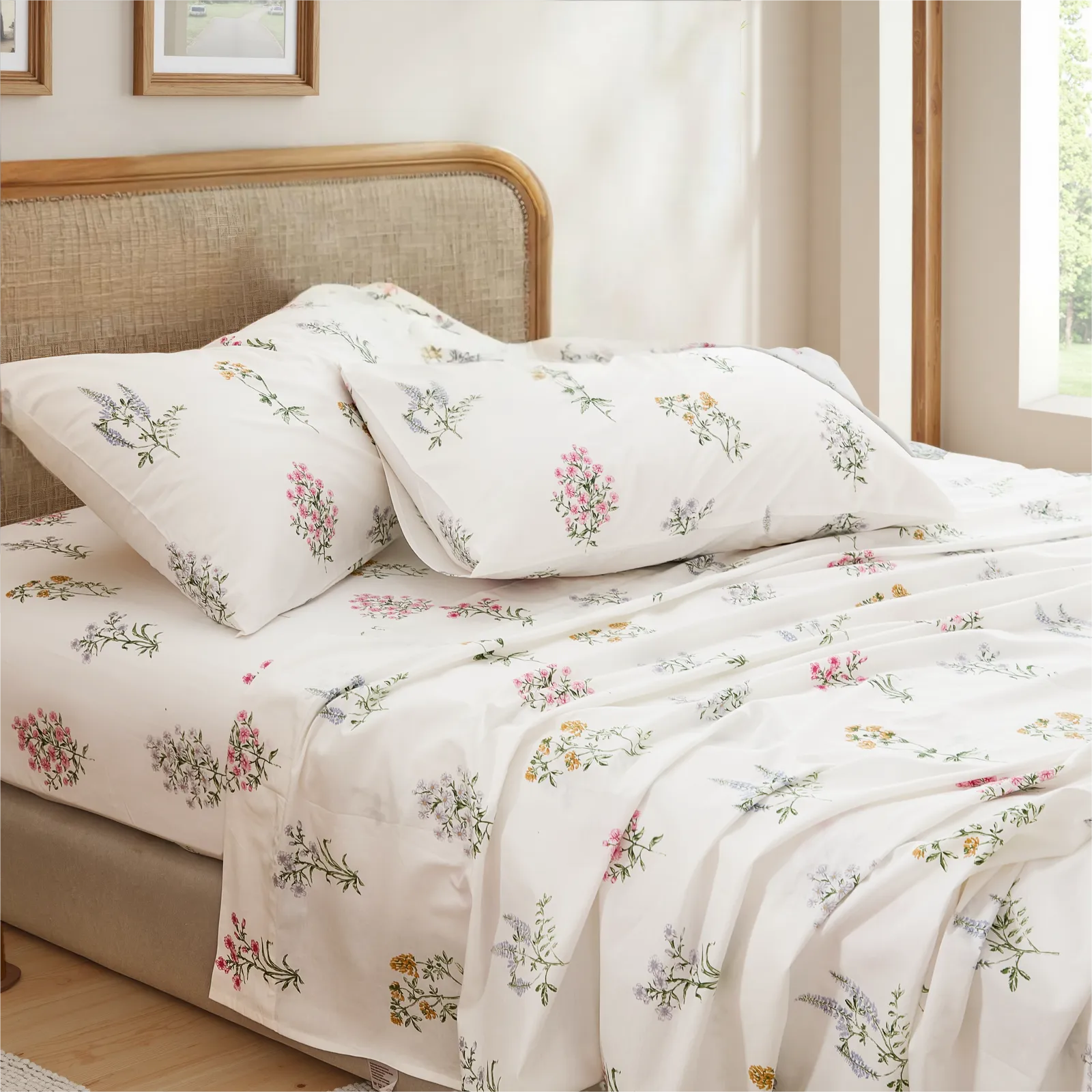 Close up of cotton wildflower print pillowcases and sheet set on modern bed