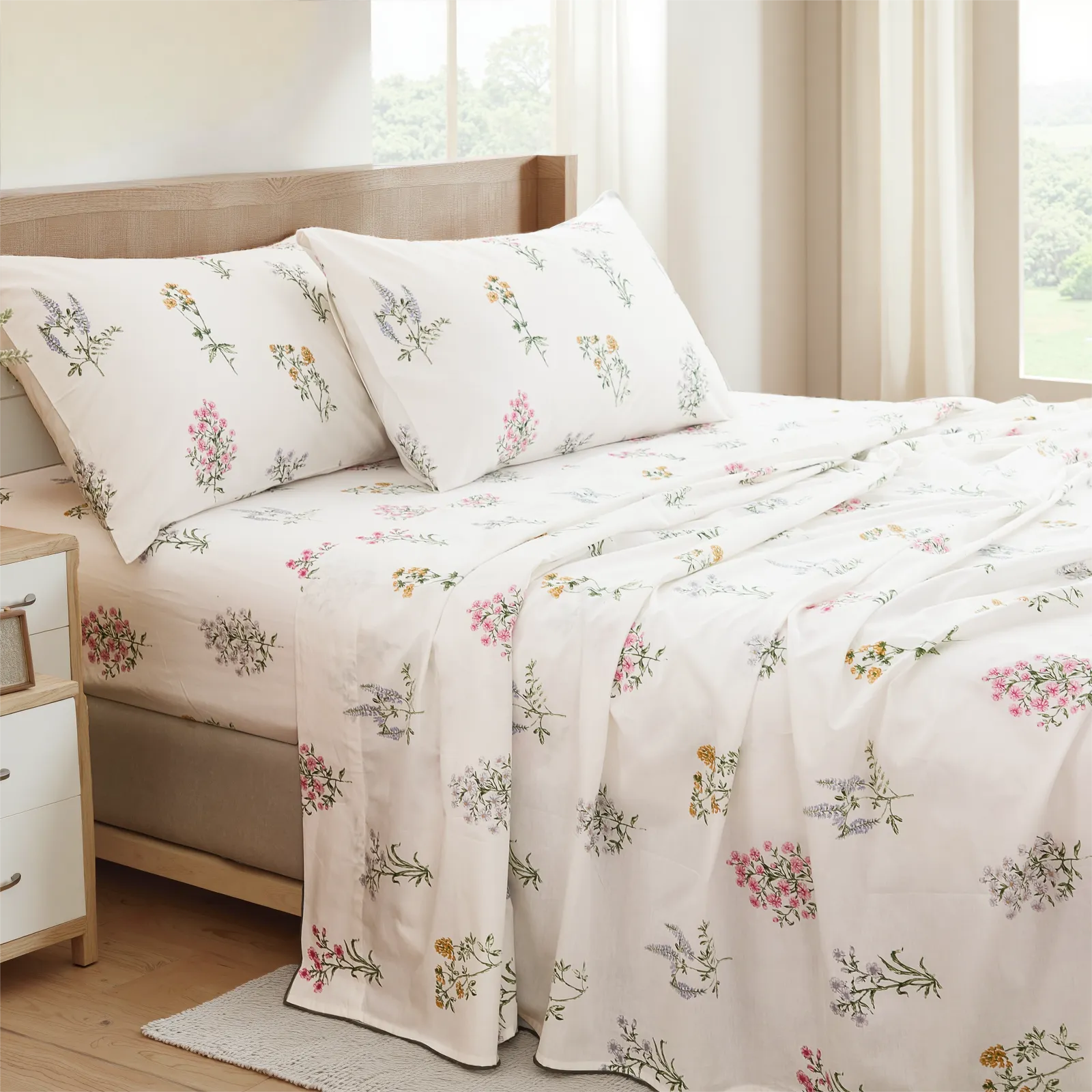 Cotton wildflower print fitted sheet set on bed with wooden headboard and side table