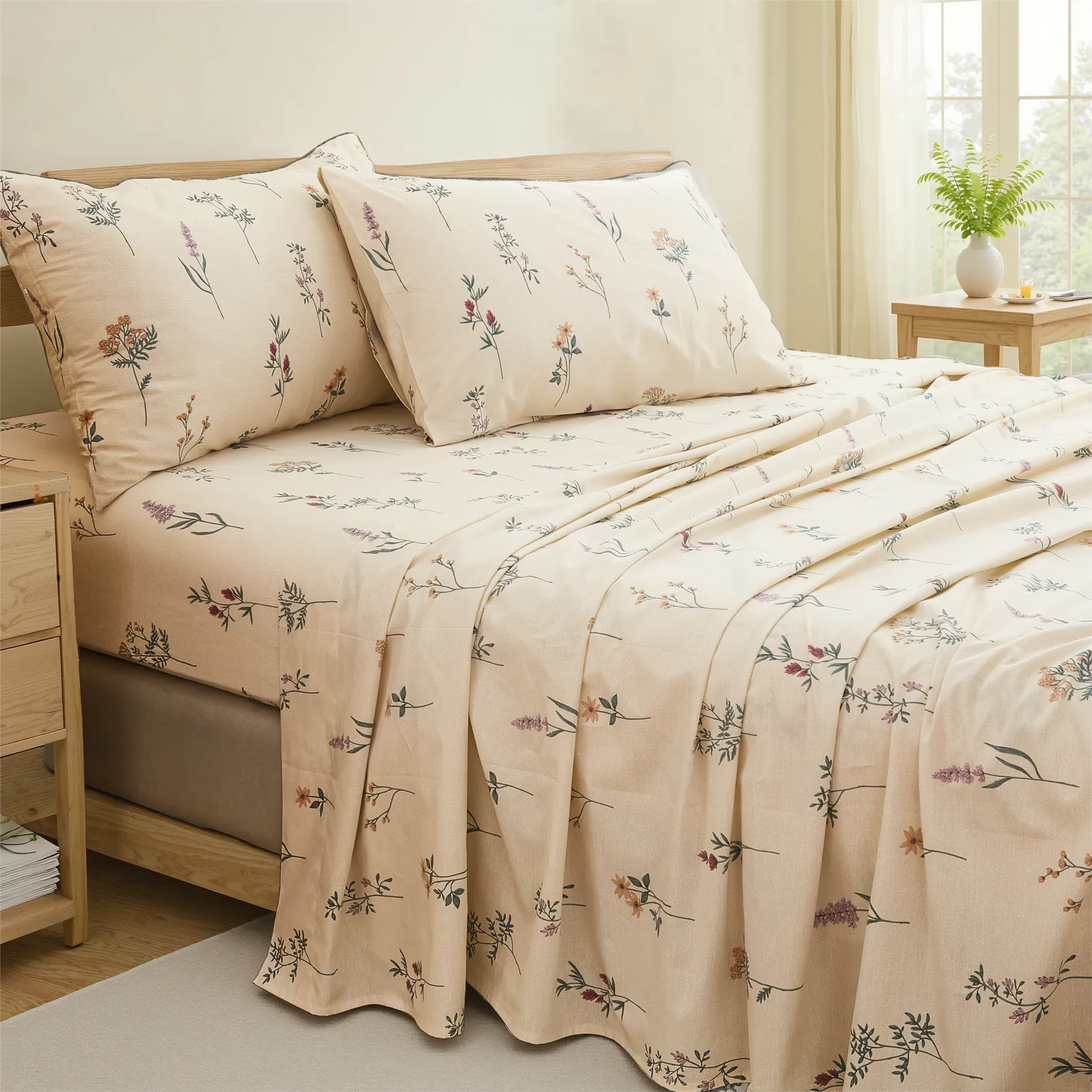 Wildflower ditsy print cotton bedding set on bed with wooden side table and natural light