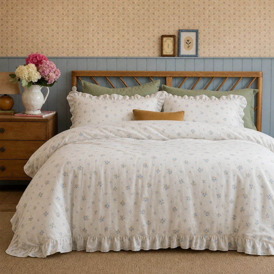 wildflower garden floral bedding blue wainscoting bedroom