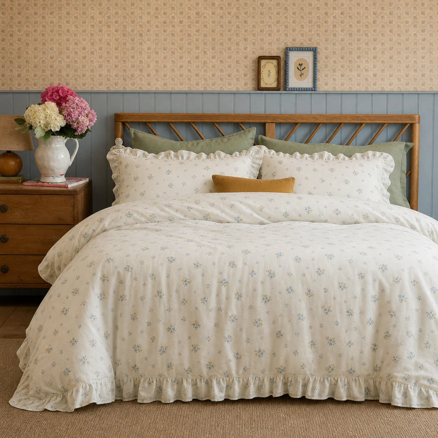 wildflower garden floral bedding blue wainscoting bedroom