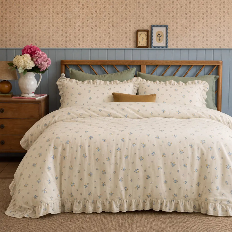 wildflower garden floral bedding blue wainscoting bedroom
