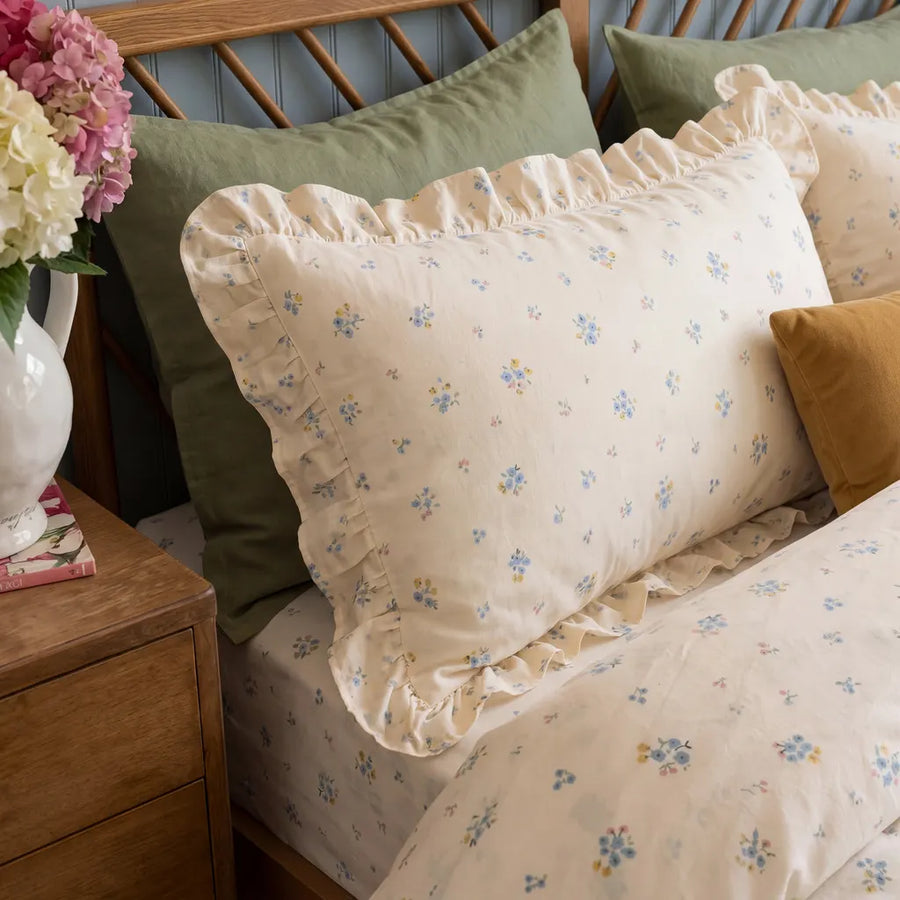wildflower garden ruffle trim pillowcase close up