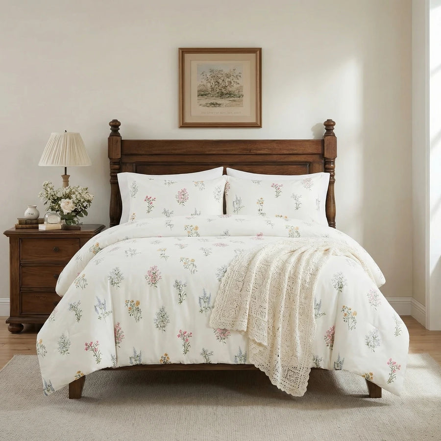 wildflower meadow duvet cover set styled on bed with wooden headboard rustic bedroom