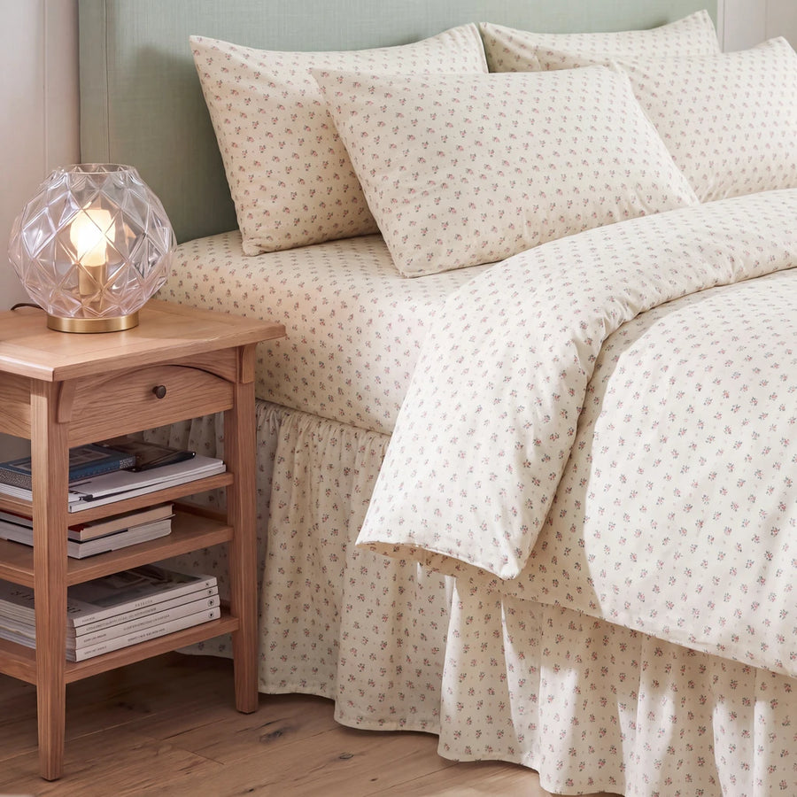 wildflower posy bed skirt cream floral wooden nightstand lamp