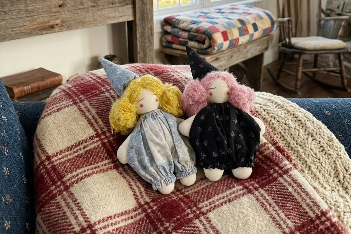 witch hat dolls plaid blanket cottage bedroom