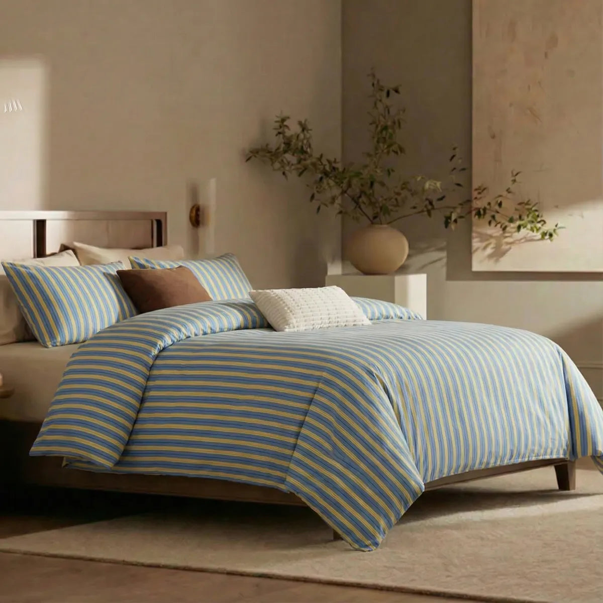 Yellow blue striped bedding angle view