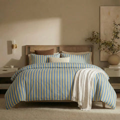 Yellow blue striped bedding front view