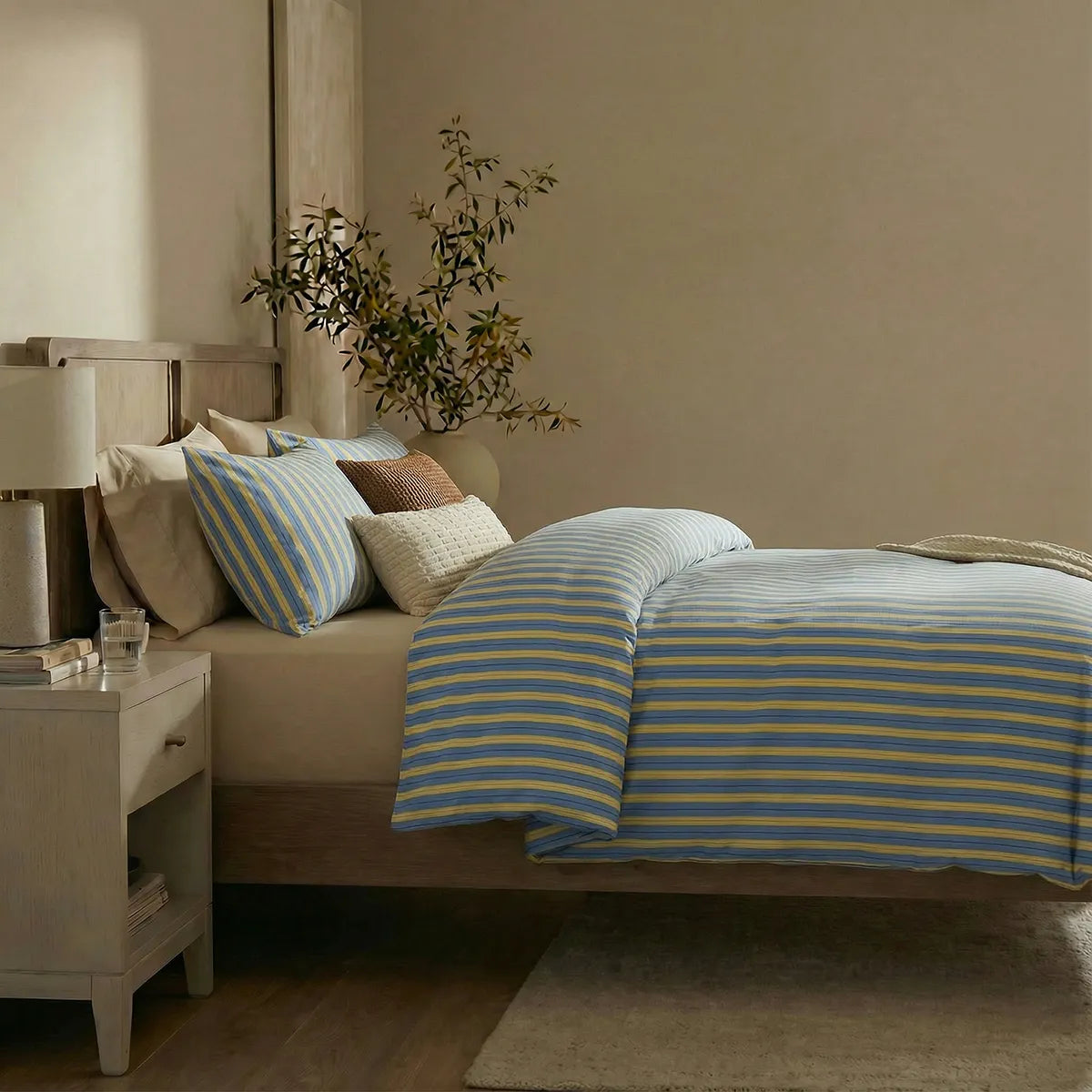 Yellow blue striped duvet side view