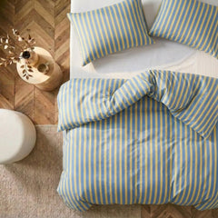 Yellow blue striped duvet top view