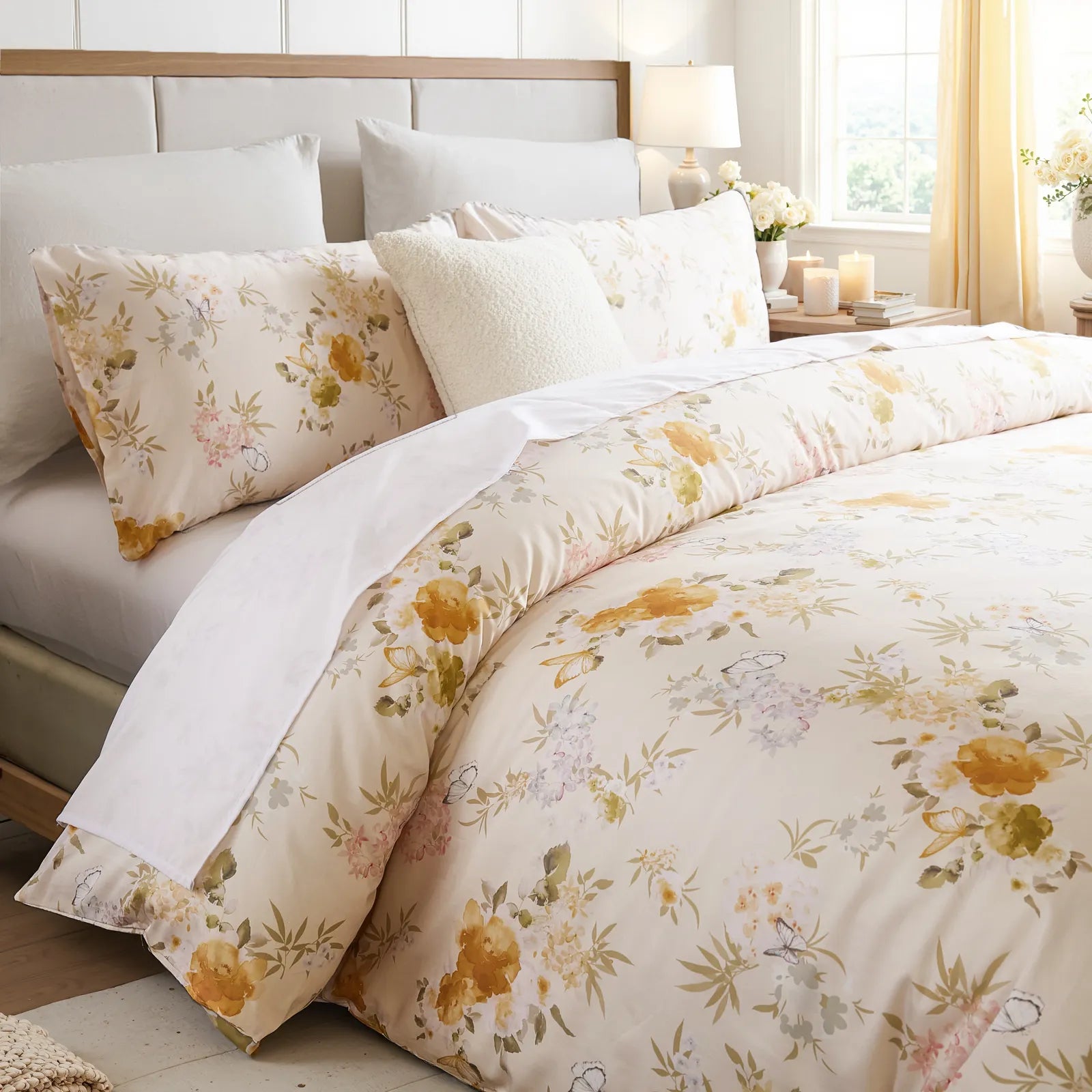 Close up of the floral pattern on the comforter