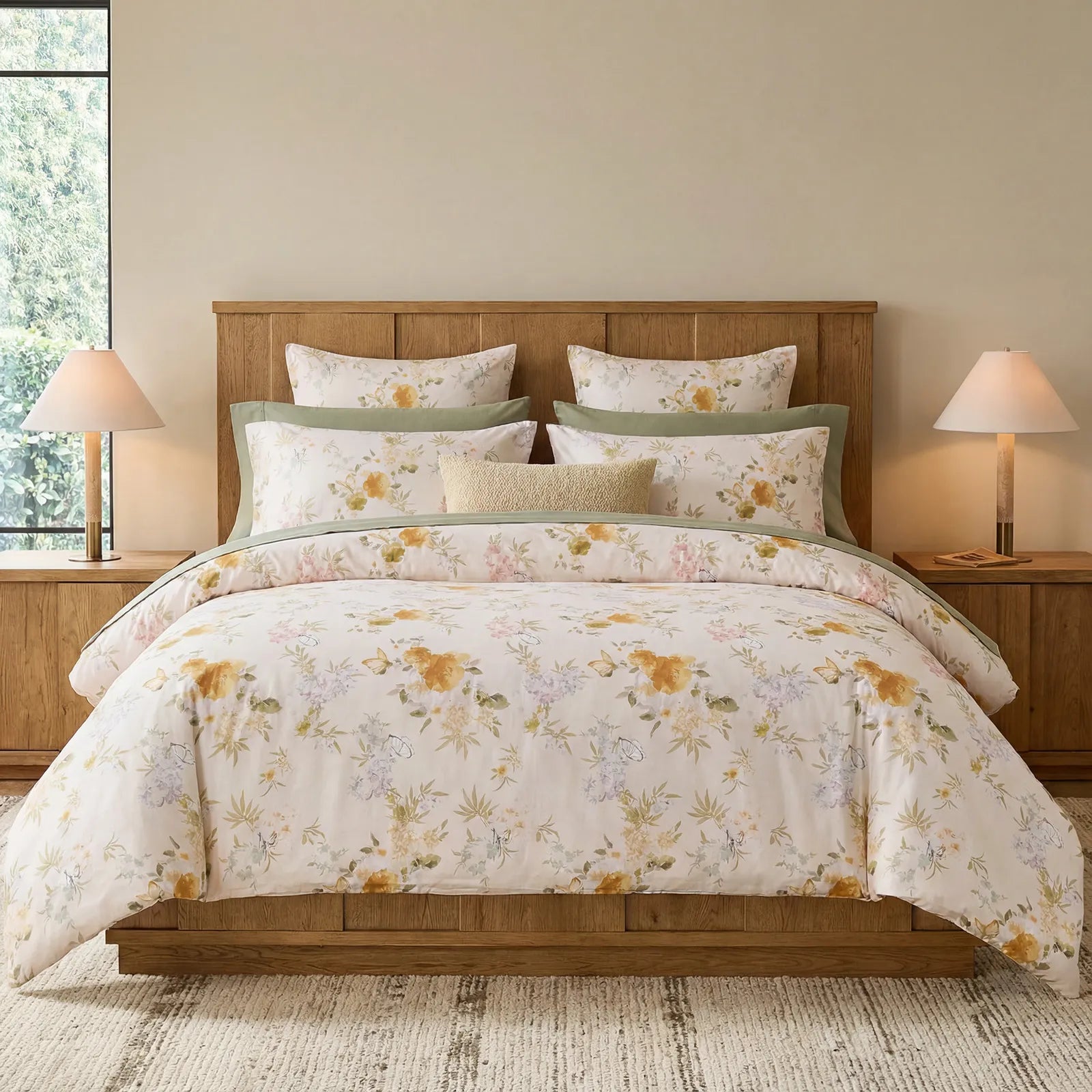 Front view of yellow wildflower bedding set with green pillows