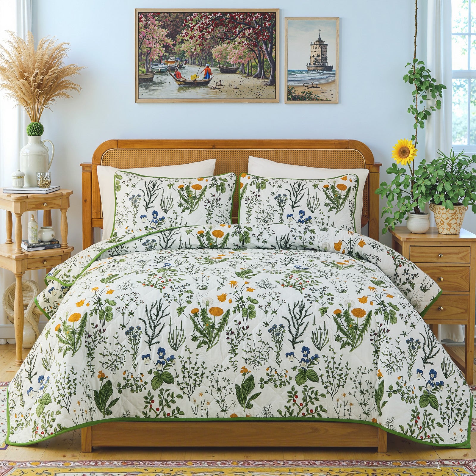 Green Floral Quilt Set 100% Cotton