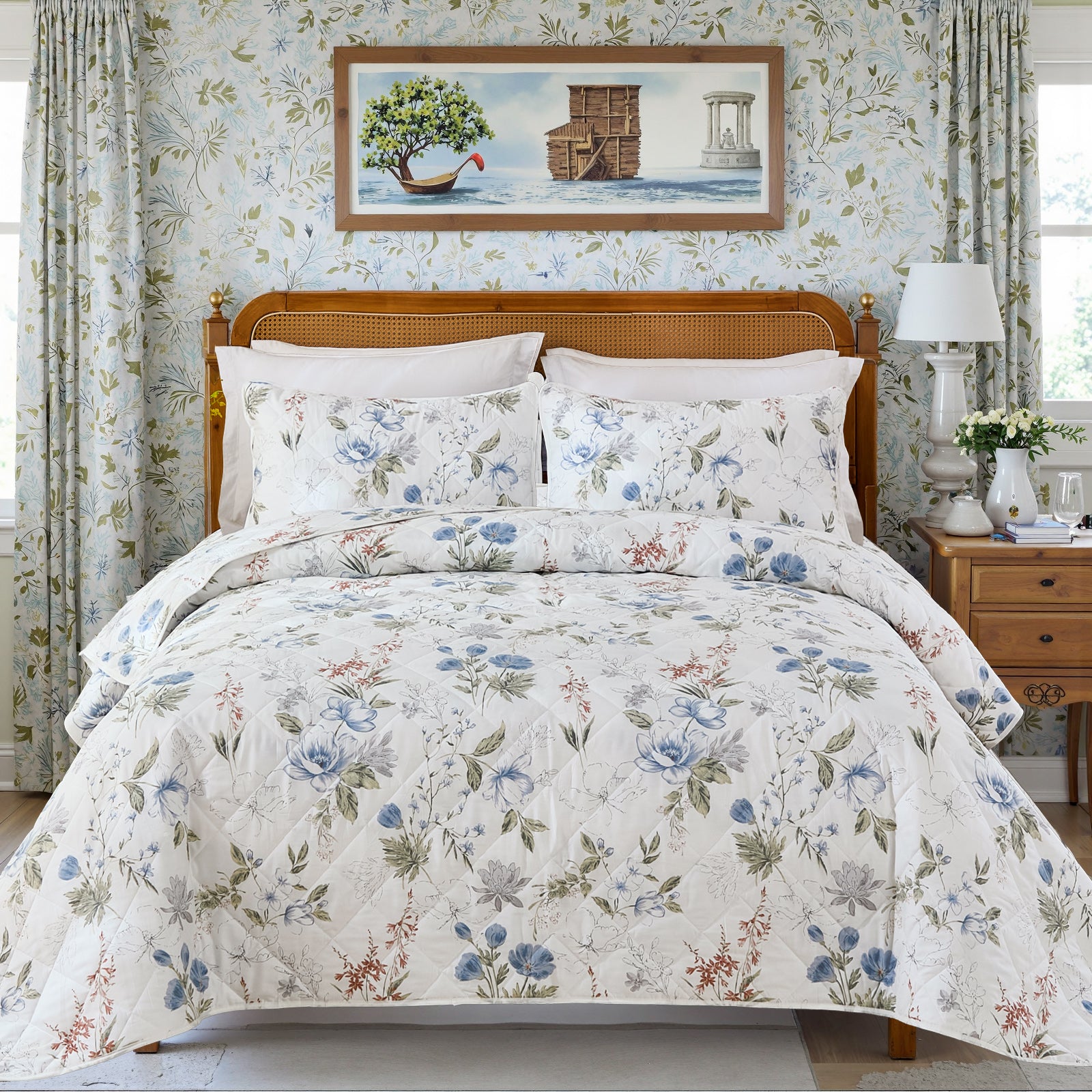 Green Floral Quilt Set 100% Cotton
