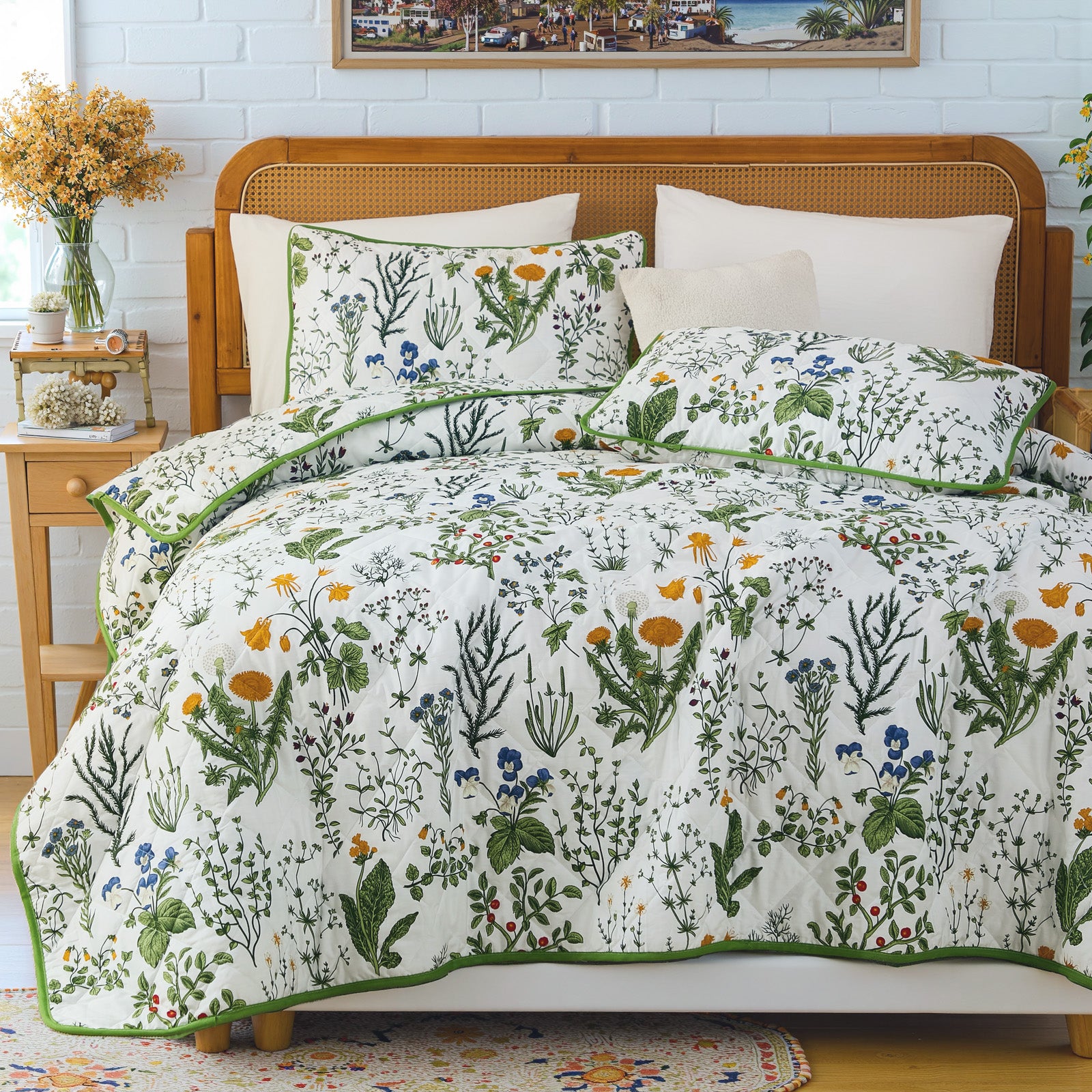 Green Floral Quilt Set 100% Cotton