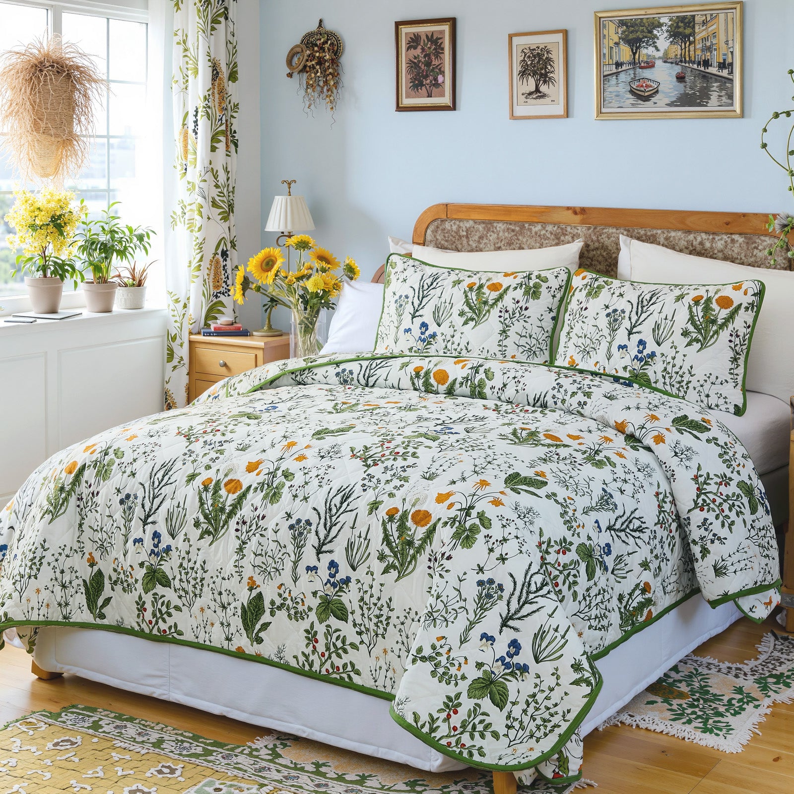 Green Floral Quilt Set 100% Cotton