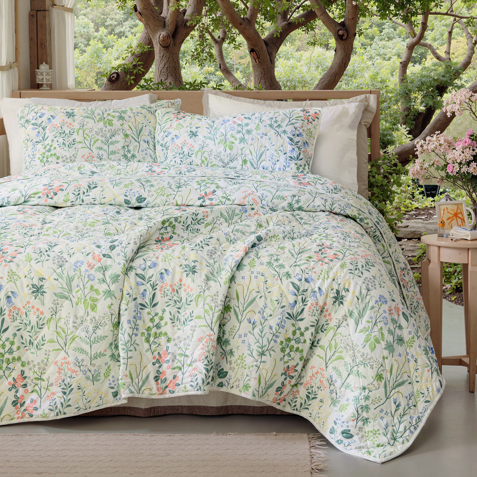 Green Floral Quilt Set 100% Cotton