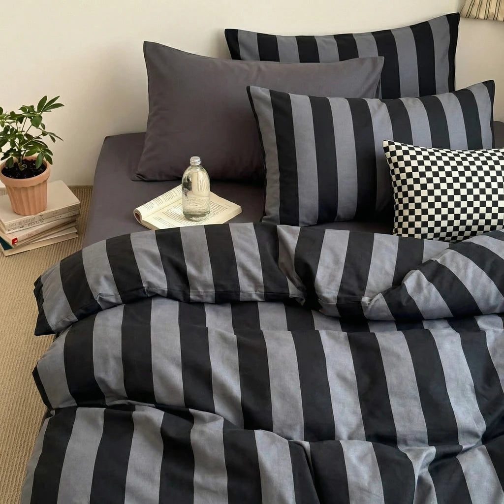 100 cotton cabana stripe black grey duvet cover set