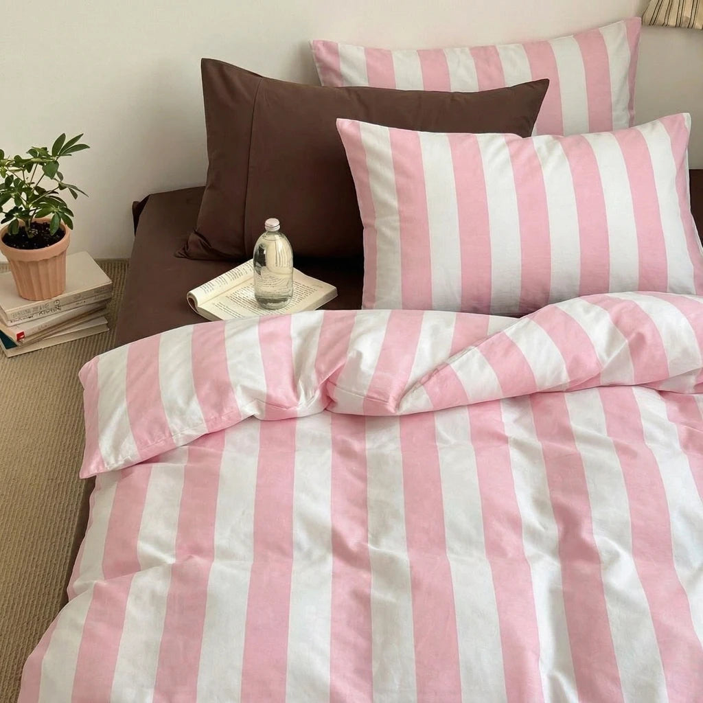 100 cotton cabana stripe pink duvet cover set with pillows and book