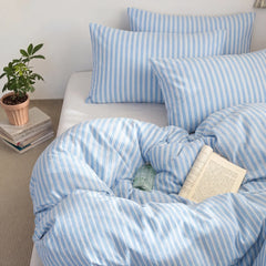 100 cotton ribbon stripe blue white duvet cover set