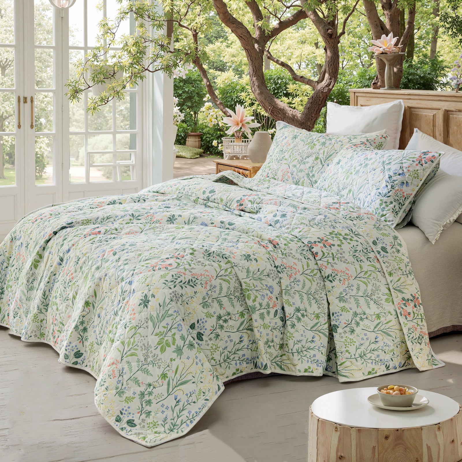 Green Floral Quilt Set 100% Cotton