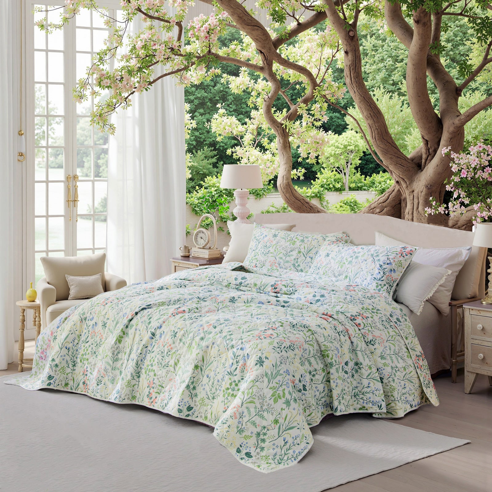 Green Floral Quilt Set 100% Cotton