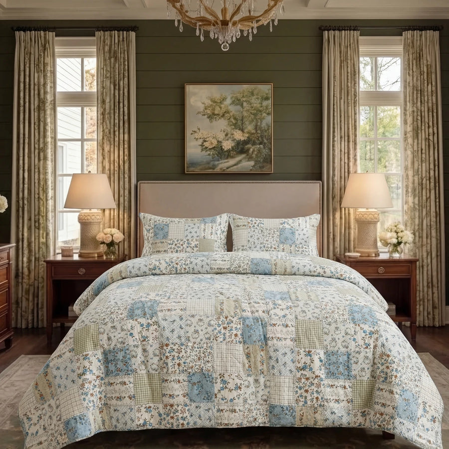 overhead bed view showing the detailed mix of floral and check patterns in the patchwork set