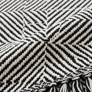 Boho Weave Rug Black White Two Tone Herringbone Weave Closeup Fringe Detail
