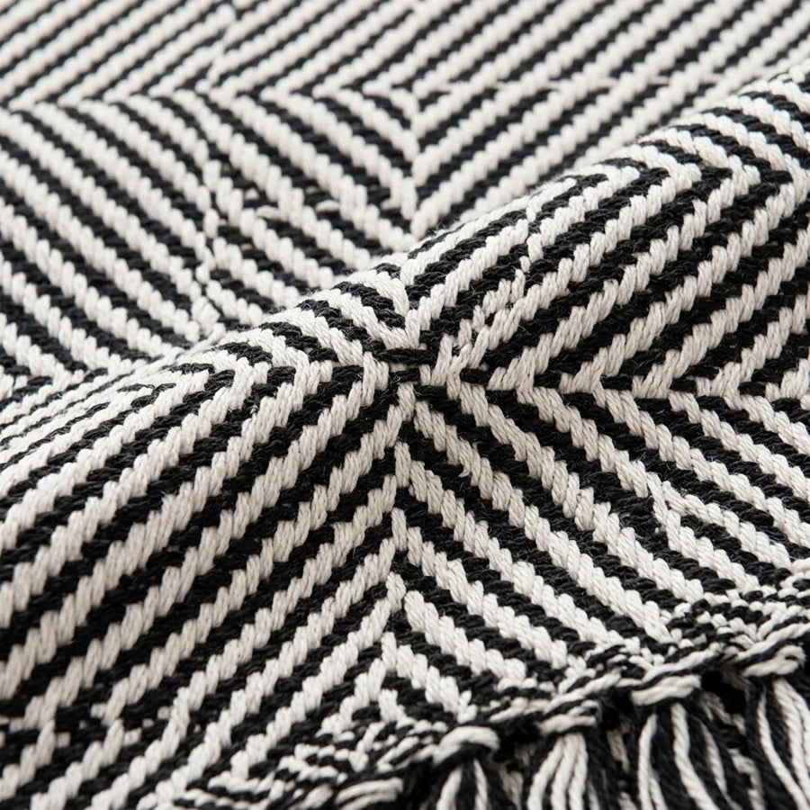 Boho Weave Rug Black White Two Tone Herringbone Weave Closeup Fringe Detail