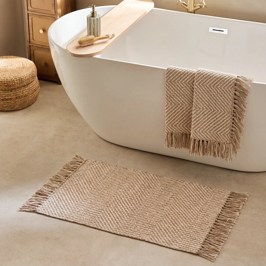 Boho Weave Rug Camel Solid Bathroom Mat Tan Cream Matching Towel Set Natural Spa Bathroom