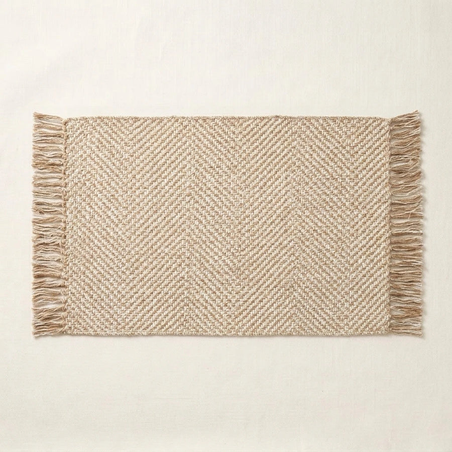 Boho Weave Rug Camel Solid Tan Cream Herringbone Fringe Woven Bath Mat Product Shot