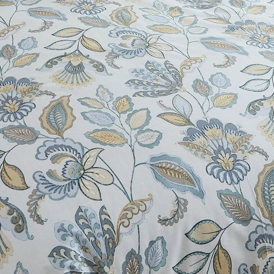 Detailed Blue Gold Leaf Floral Duvet Cover Set