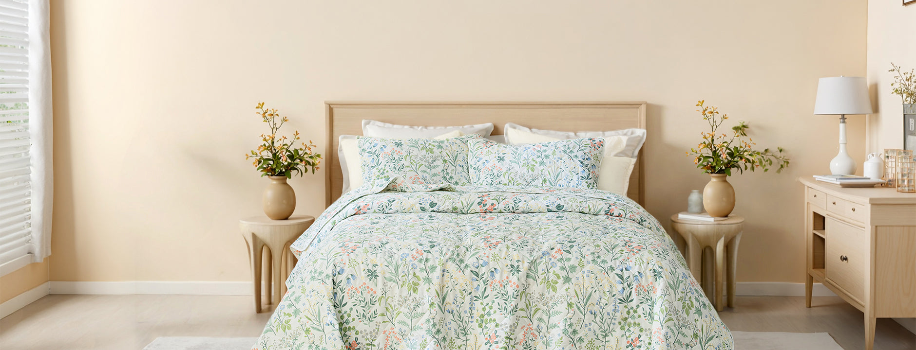 Green Flower Leaf Quilt Set Bedding Banner