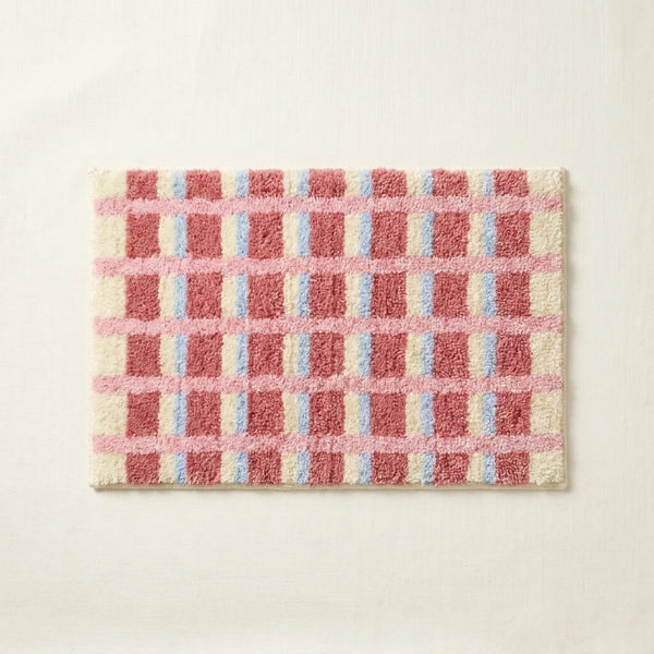 Meadow Plaid Rug Berry Windowpane Red Blue Cream Checkered Bath Mat Product Shot