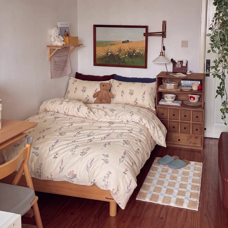 Meadow Plaid Rug Honey Vichy Bedroom Decor Tan Blue Cozy Floral Cottagecore Bedroom