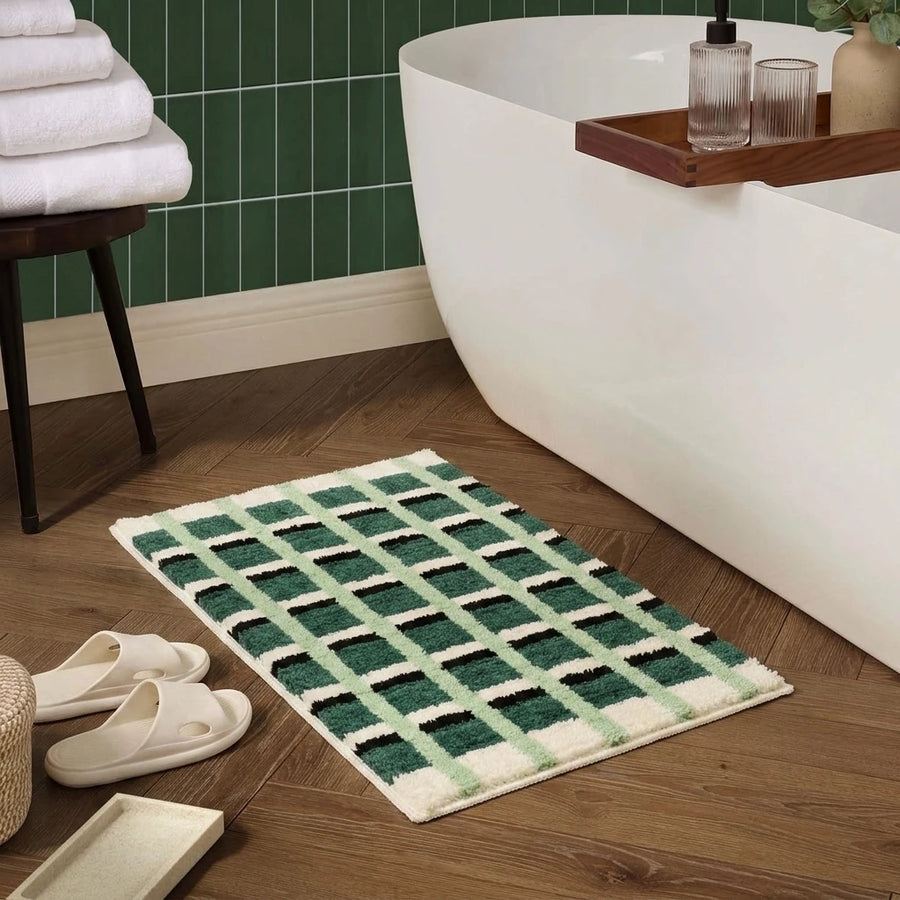 Meadow Plaid Rug Pine Windowpane Bathroom Mat Pine Green Mint Black Cream Modern Bathroom