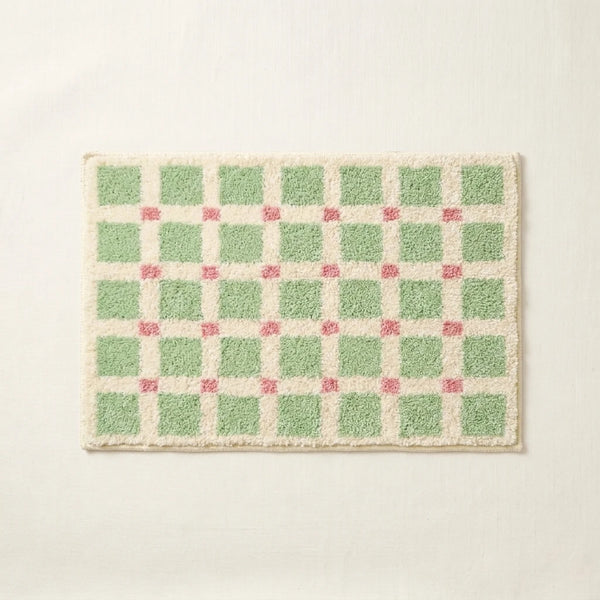 Meadow Plaid Rug Sage Vichy Green Pink Checkered Bath Mat Product Shot
